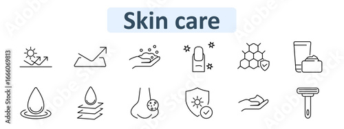 Skin care set icon. UV protection, foam wash, fingernail, honeycomb, cream tube, water drop, layers, pore, shield, checkmark, razor in clean outline design
