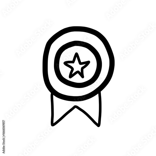 Hand drawn doodle style award badge with a star in the center and ribbons hanging down below it design
