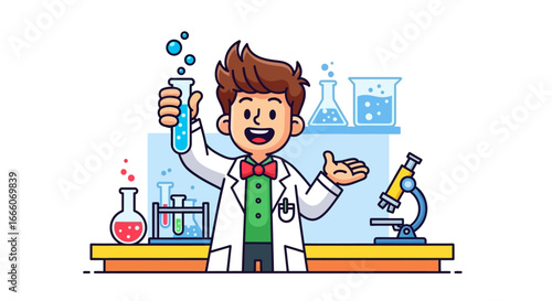 Cheerful young scientist in lab coat holding test tube with blue liquid