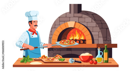 Chef Removing Pizza from Wood-Fired Oven, Artisan Style