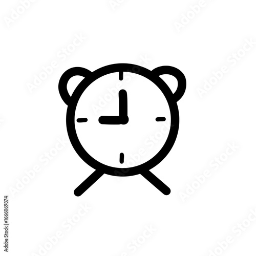 Illustration of a simple black and white alarm clock with a thick outline and classic design elements