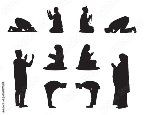 muslim man women praying namaz set collection pack bundle black shape icon silhouette vector flat illustration design on white background