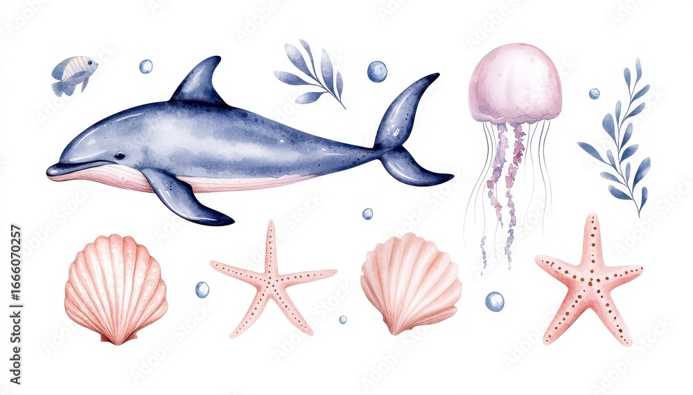 Fototapeta premium frame of sea animals. Blue watercolor ocean fish wreath turtle whale and coral. aquarium mermaid submarine. Nautical dolphin marine illustration jellyfish starfish. Aquatic fauna