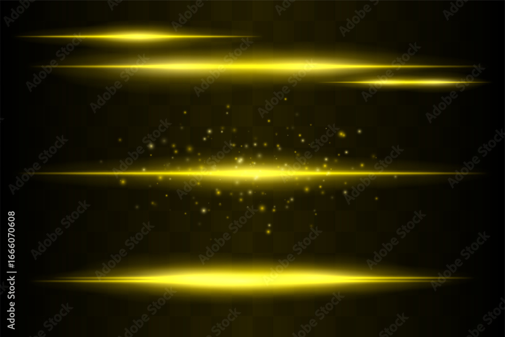 Shining set. Bright glowing beams combined with floating light particles. Central cluster highlights energy dispersion and soft motion on transparent background.