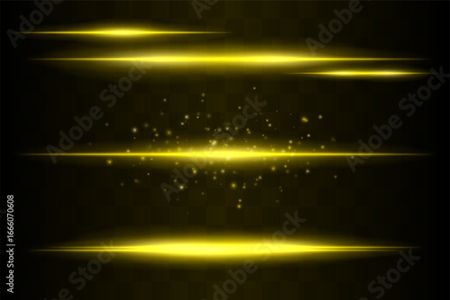 Shining set. Bright glowing beams combined with floating light particles. Central cluster highlights energy dispersion and soft motion on transparent background.