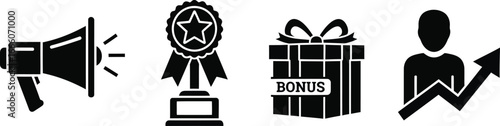 Business success icons: megaphone, trophy, bonus gift, and growth chart on white background