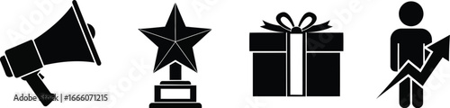 Business success icons showing achievement, gifts, leadership, and growth opportunities