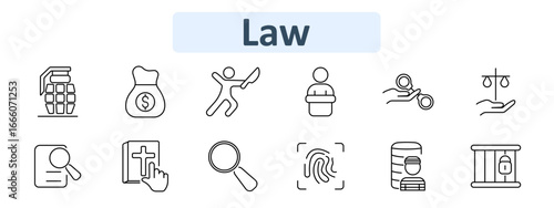 Law set icon. Includes grenade, money bag, thief, witness stand, fingerprint, jail, handcuff, document, judge, scale, book, investigation with magnifier.