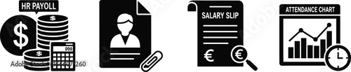 Business and finance icons representing HR payroll, employee records, salary slips, and attendance tracking