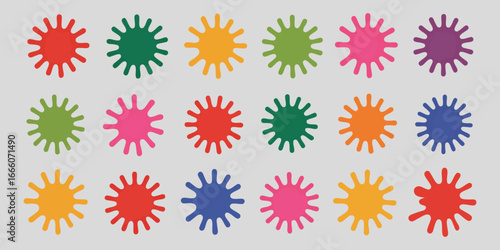 Collection of colorful abstract starburst shapes and paint splat icons isolated on a neutral background. Vector graphic design elements set