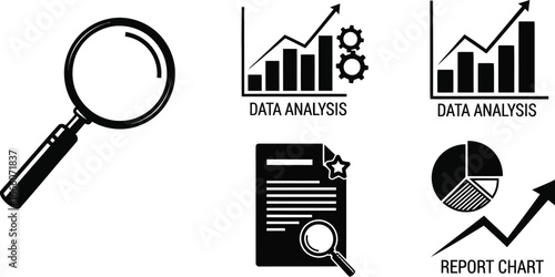 Analyzing business data charts, graphs, and reports with a magnifying glass for insights and success