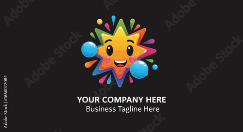 Colorful Star Logo with Happy Expression and Bubbles