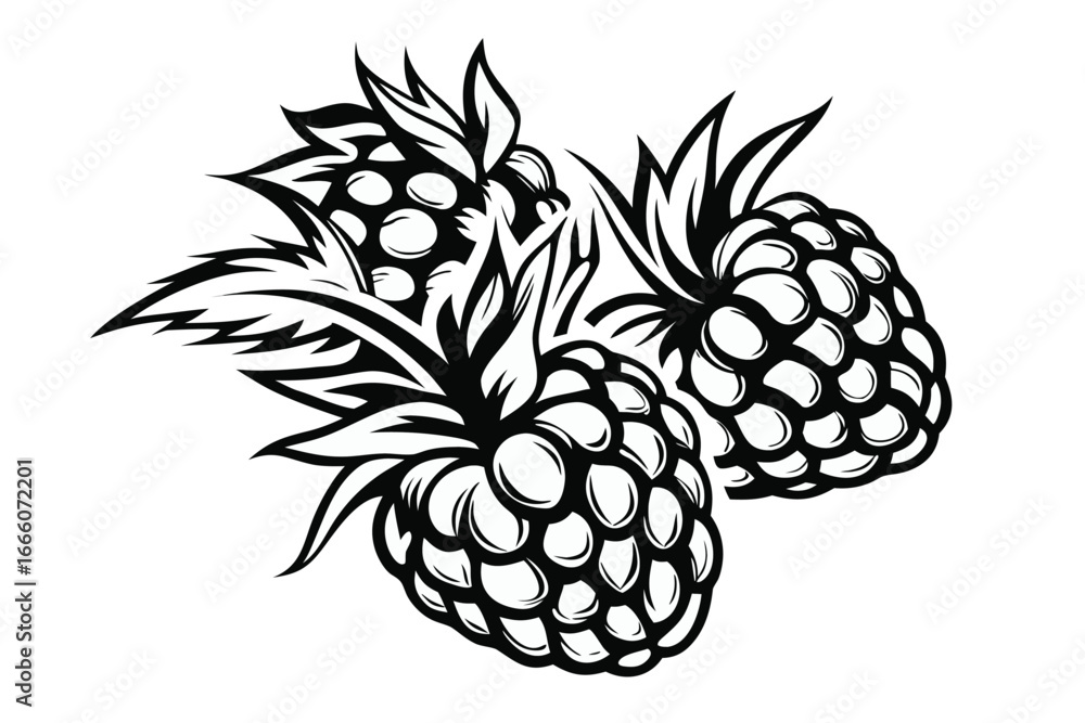 Obraz premium Three Black Raspberries with Leaves Isolated on White Background,