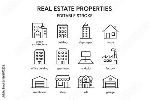 Real estate Properties line editable icon set. Containing, Urban architecture, building, skyscraper, and more. Editable stroke. Vector illustration on white background
