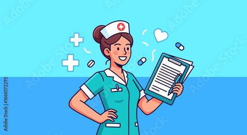 Confident cartoon nurse in a teal uniform and cap, holding a medical clipboard with a friendly smile.