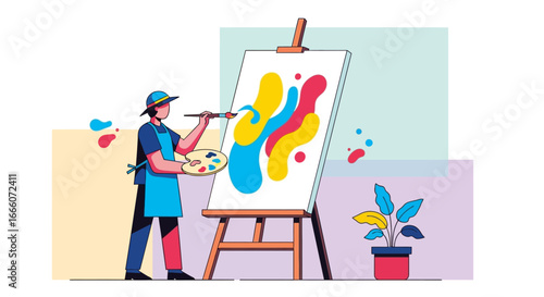 Creative artist painting vibrant abstract art on easel, holding palette and brush, wearing hat and apron.