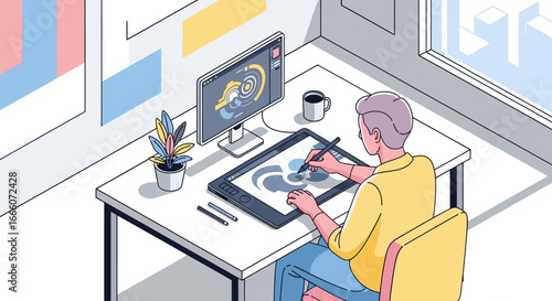 Creative designer drawing on graphic tablet with stylus at modern desk, focused on screen.