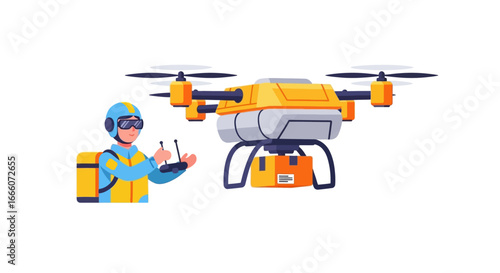 Delivery courier in a blue uniform and helmet operating a yellow quadcopter drone carrying a package.