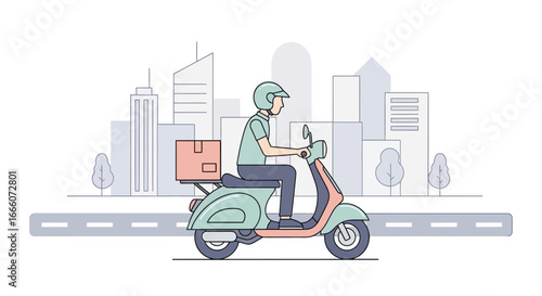 Delivery Man on Scooter with Package, Flat Design Style