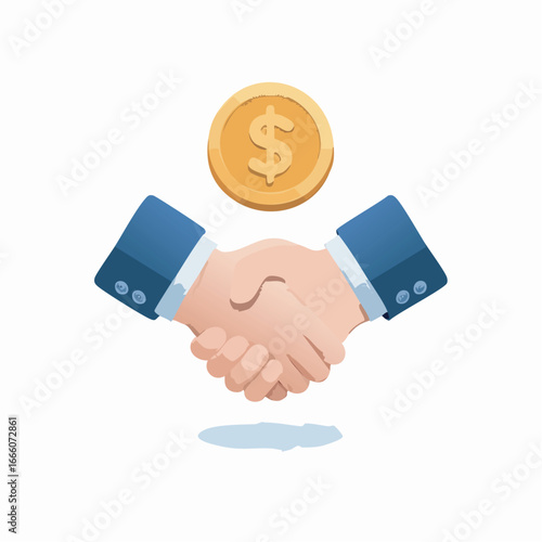 Business handshake sealing a financial deal with a gold coin hovering above, symbolizing agreement and success in a clean, modern style.