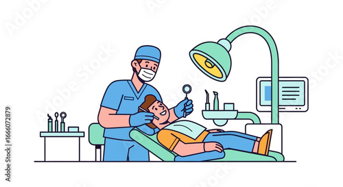 Dentist Examining Patient's Teeth with Mirror in Clinic Illustration
