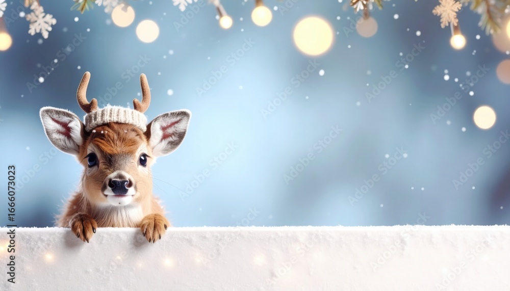 Fototapeta premium a charming winter scene featuring a deer wearing a hat and looking out a window, framed by twinkling lights and snowflakes. It evokes a sense of holiday warmth and cheer.