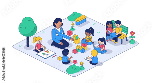 Diverse children engaged in educational activities with a caring adult