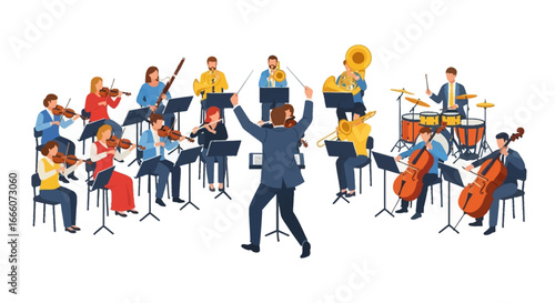 Diverse Orchestra Performing Classical Music with Conductor Leading