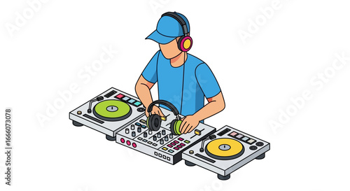 DJ with Headphones Mixing Music on Turntables