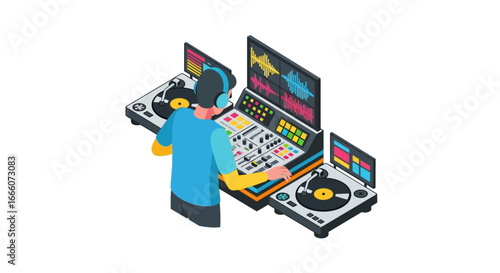 DJ mixing music with turntables and sound equipment