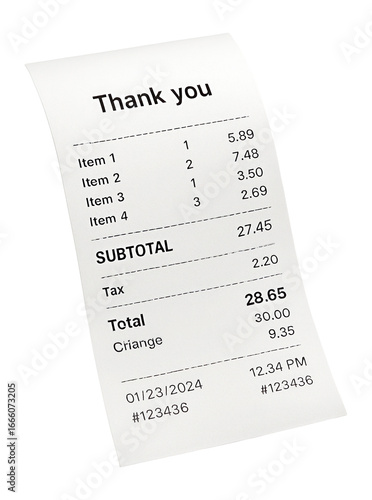 Cash register receipt with subtotal