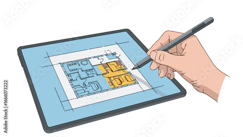 Hand using a stylus to interact with a digital architectural floor plan displayed on a tablet screen.