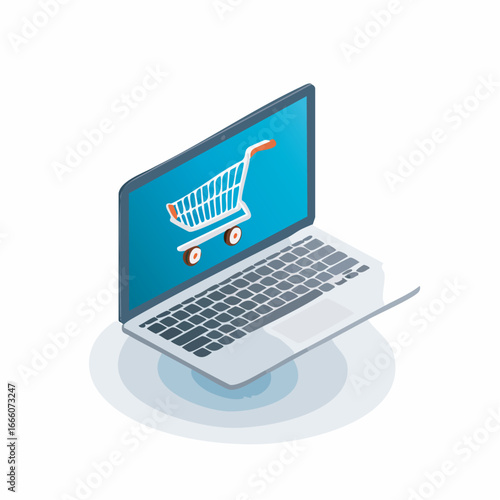 Laptop displaying shopping cart symbolizes online retail in isometric view, showcasing modern ecommerce and digital marketplace trends.