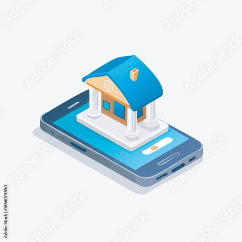 Isometric bank building sits atop a smartphone screen, representing mobile banking and digital finance with a modern, clean aesthetic.