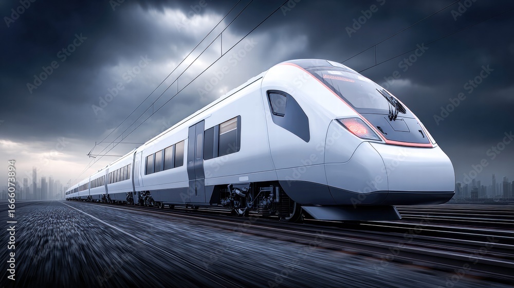 Fototapeta premium A sleek, high-speed train races along the tracks towards a distant city under a dramatic sky.