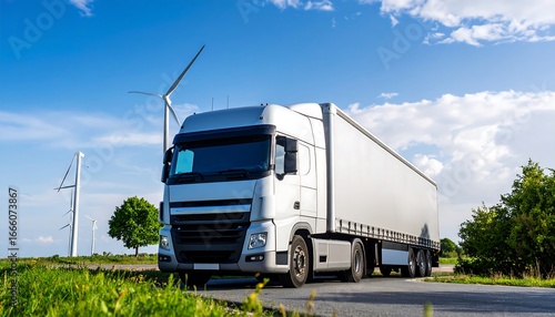 Wallpaper Mural Modern truck on a sunny road, wind turbines in background Torontodigital.ca