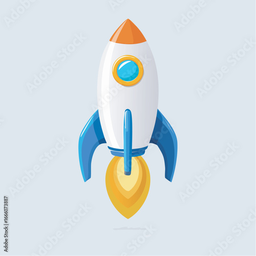 Cartoon rocket ship launching into the sky with bright flames, symbolizing innovation and progress on a light blue backdrop.