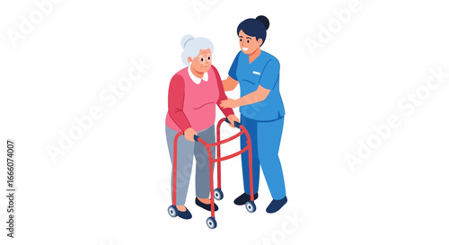 Elderly Woman with Walker Assisted by Caregiver