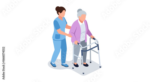 Elderly Woman Using Walker Assisted by a Caregiver, Isometric View