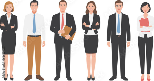 Professional business team in formal office attire, corporate group illustration with confident men and women in workplace clothing