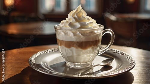 Elegant Viennese coffee with whipped cream in porcelain cup on silver tray, served with glass of water in cozy Austrian café, warm sunlight and vintage charm, high detail inviting atmosphere.
