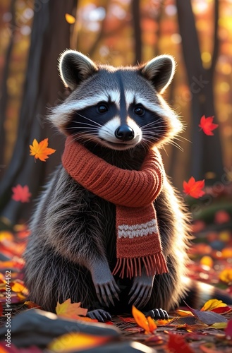 Charming autumn raccoon with cozy scarf sitting among colorful fall leaves in a warm forest scene, detailed fur texture, golden sunlight, natural woodland background, perfect wildlife nature concept