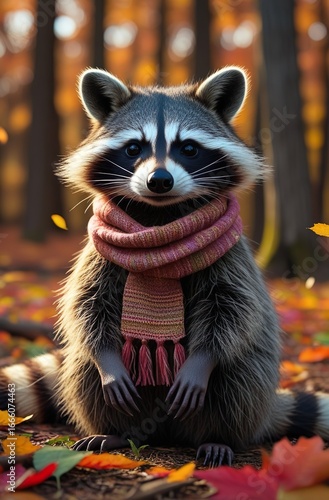 Beautiful raccoon portrait wearing a scarf in vibrant autumn forest, surrounded by warm foliage colors, soft natural lighting, and realistic details, creating a cozy seasonal wildlife illustration.