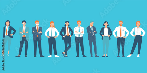 Professional business team standing confidently, corporate people in formal attire, leadership and teamwork concept, diverse office team illustration.