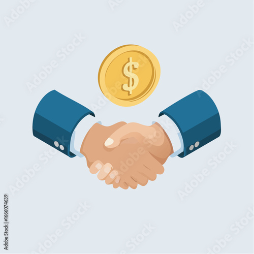 Hands shaking in agreement over a golden dollar coin on a light blue surface symbolizing a successful financial partnership and trust.