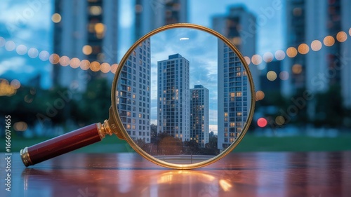Magnifying Glass Perspective: A unique perspective reveals a city through a magnifying glass, highlighting urban exploration and detail with clarity.