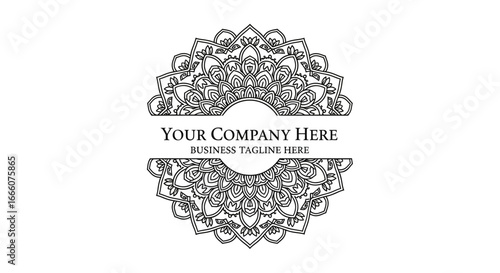 Elegant split mandala logo template with intricate floral and geometric line art for branding.