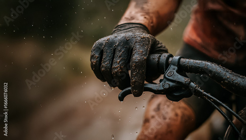 Extreme close-up of a mud-covered gloved hand gripping a mountain bike handlebar during a rainy off-road ride, showcasing raw effort and control.