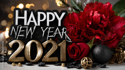 2021 happy new year sign design. Vector illustration with black holiday label isolated on white background.