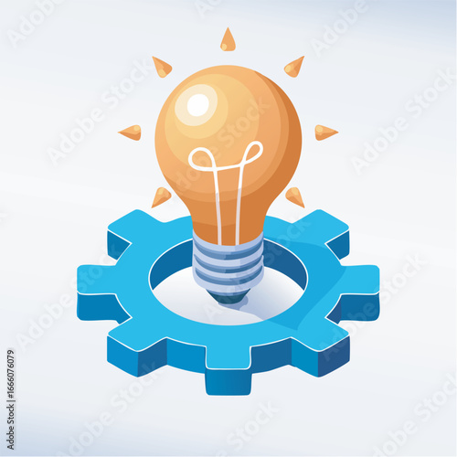 Glowing lightbulb rests on a blue gear, symbolizing innovation and problemsolving in a technological setting, conveying a sense of creativity and progress.